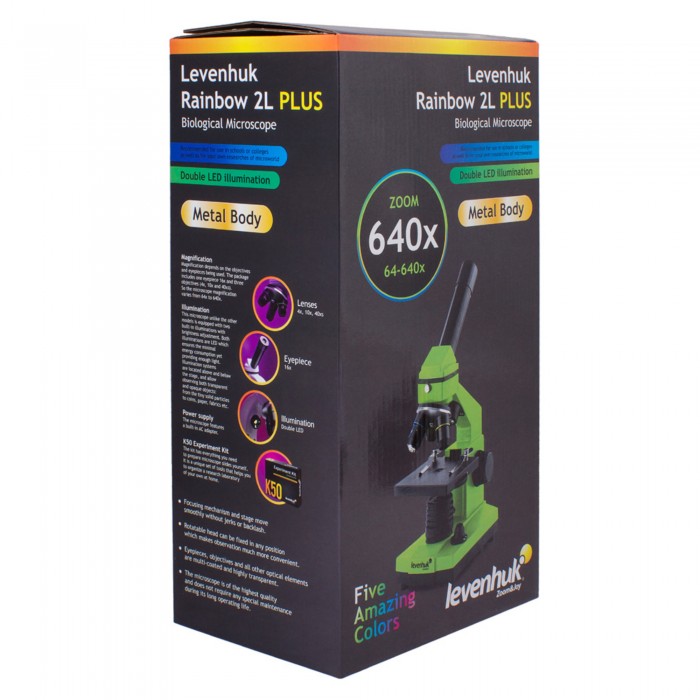 Mikroskopas Levenhuk Rainbow 2L Plus Orange 64x-640x su eksperimento komplektu