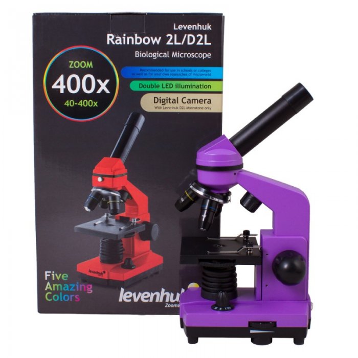 Mikroskopas Levenhuk Rainbow 2L Plus Amethyst 64x - 640x su eksperimento komplektu 